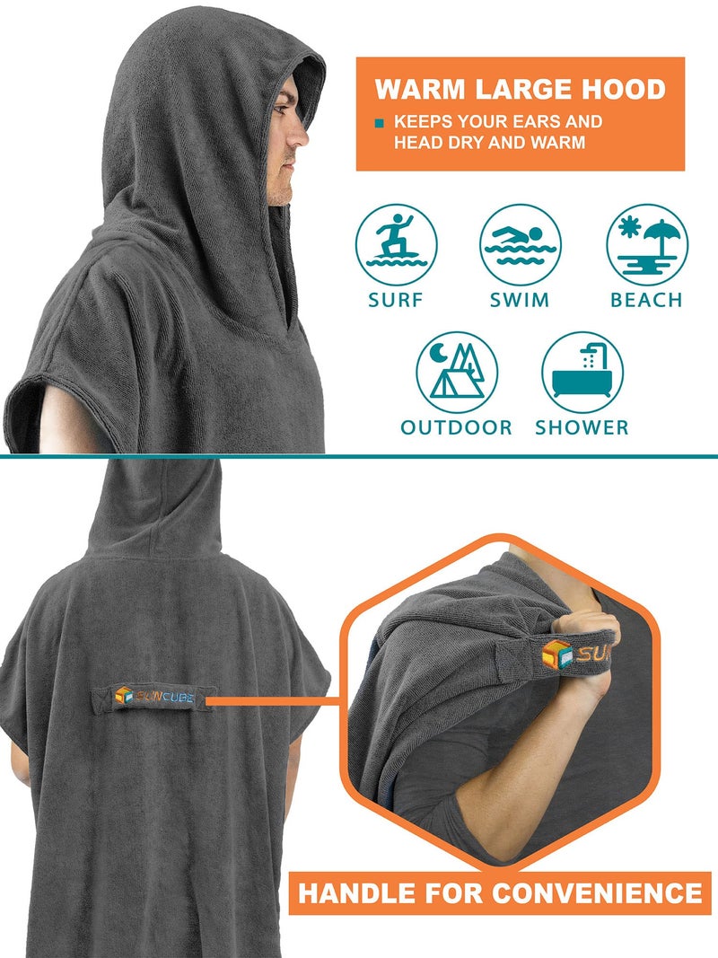 Suncube SUN CUBE Surf Poncho Changing Robe with Hood, Thick Quick Dry Microfiber Wetsuit Changing Towel for Surfing Beach Swim Outdoor Sports Men, Absorbent Wearable Towel Cover Up with Pocket, Gray - Image 4